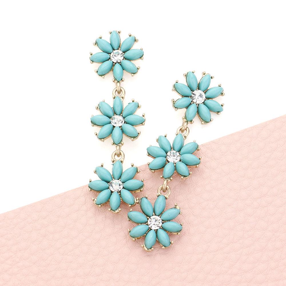 Turquoise Stone Cluster Triple Flower Link Dropdown Earrings