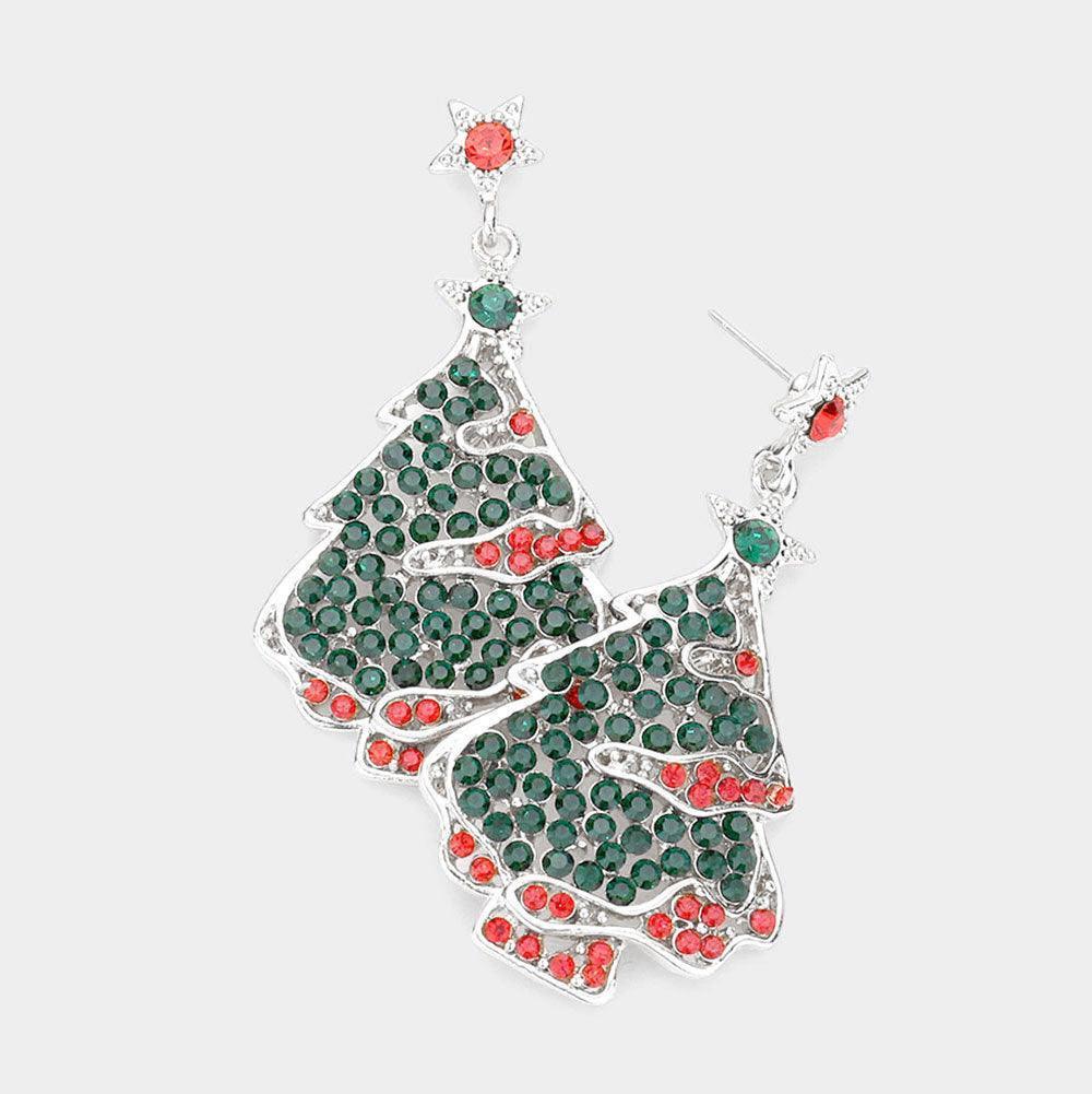 Silver Rhinestone Embellished Christmas Tree Dangle Earrings - Jewelry Store by Erik Rayo