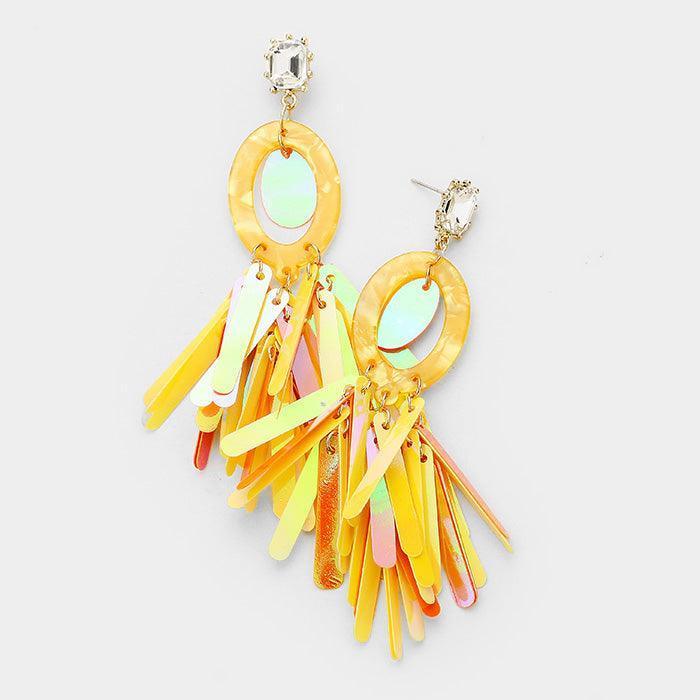 Mustard Celluloid Acetate Cut Out Oval Sequin Dangle Earrings - Jewelry Store by Erik Rayo