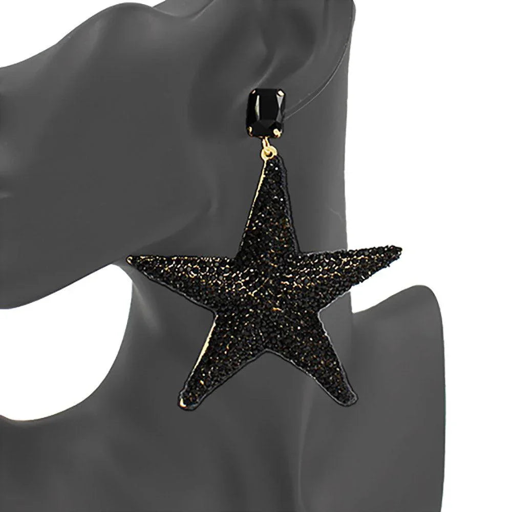 Black Rhinestone Embellished Metal Star Dangle Earrings - Jewelry Store by Erik Rayo