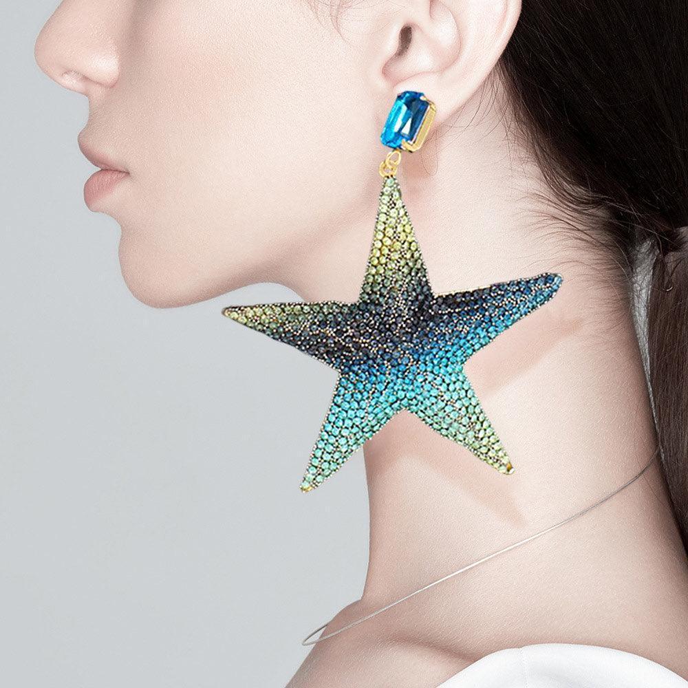 Blue Rhinestone Embellished Metal Star Dangle Earrings - Jewelry Store by Erik Rayo