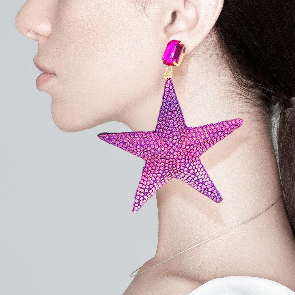 Pink Rhinestone Embellished Metal Star Dangle Earrings