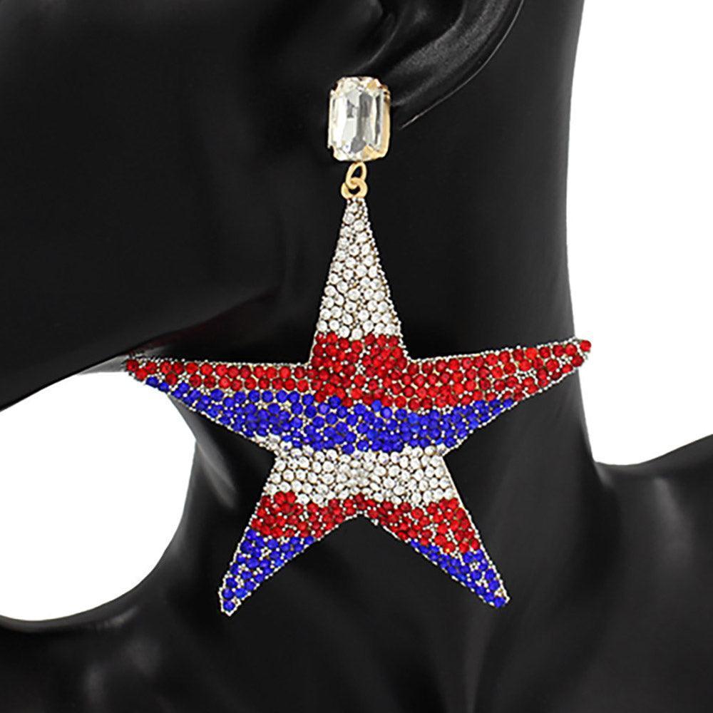 American USA Flag Rhinestone Embellished Metal Star Dangle Earrings - Jewelry Store by Erik Rayo