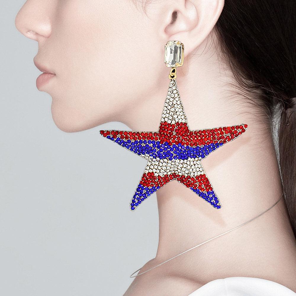 American USA Flag Rhinestone Embellished Metal Star Dangle Earrings - Jewelry Store by Erik Rayo