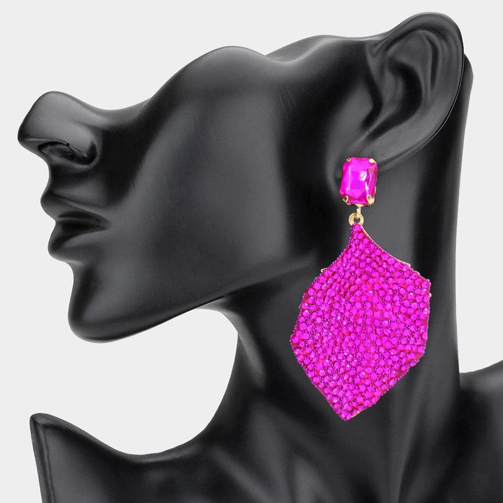 Red Rhinestone Embellished Leaf Dangle Earrings
