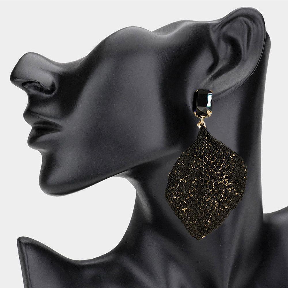 Black Rhinestone Embellished Leaf Dangle Earrings - Jewelry Store by Erik Rayo