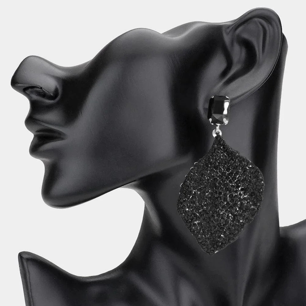 Black Rhinestone Embellished Leaf Dangle Earrings - Jewelry Store by Erik Rayo