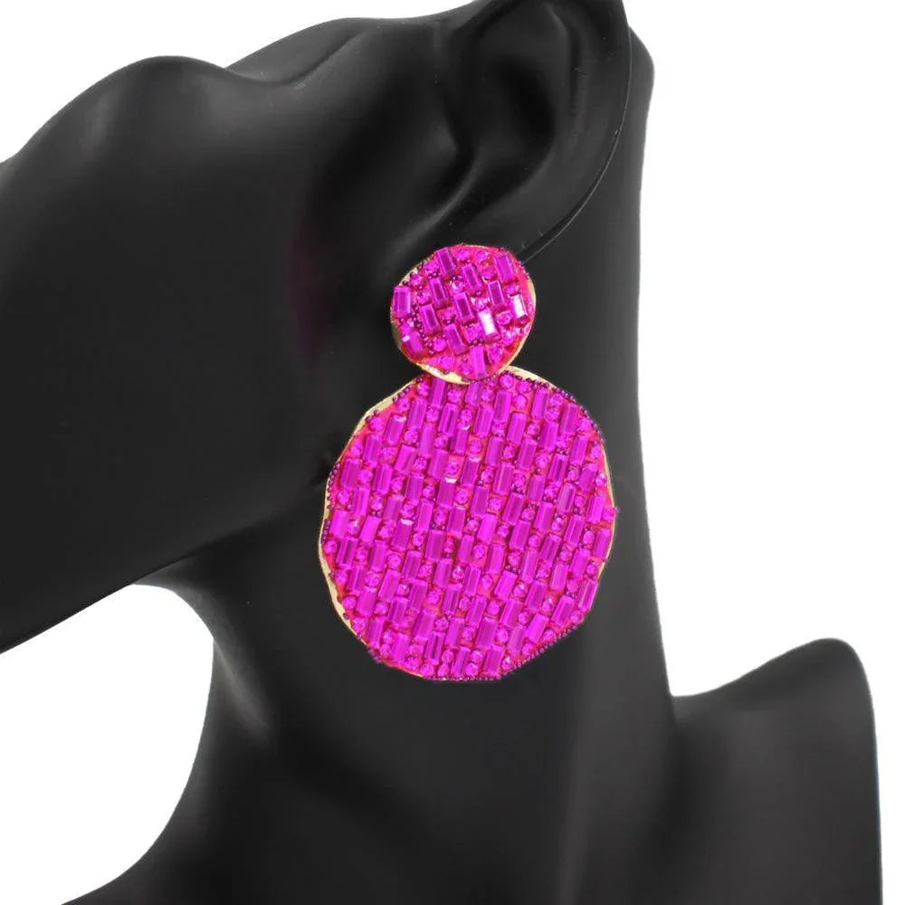 Fuchsia Rectangle Stone Accented Disc Linked Earrings - Jewelry Store by Erik Rayo