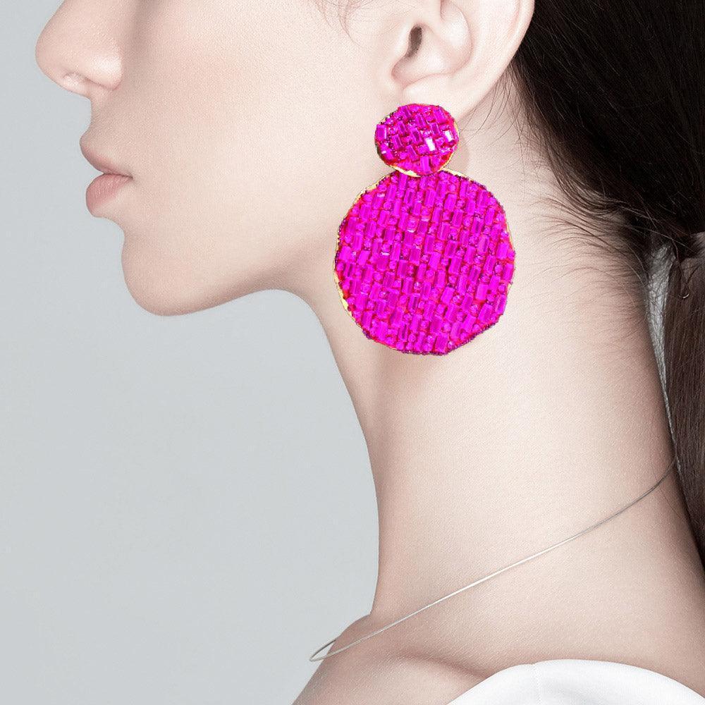 Fuchsia Rectangle Stone Accented Disc Linked Earrings - Jewelry Store by Erik Rayo