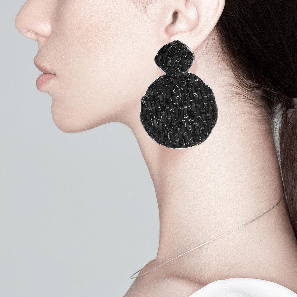 Black Rectangle Stone Accented Disc Linked Earrings - Jewelry Store by Erik Rayo