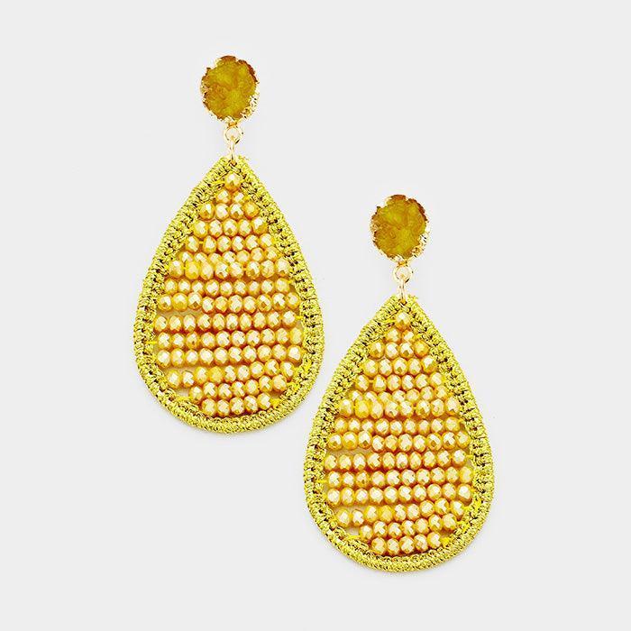 Yellow Teardrop Multi Beaded Faux Druzy Top Earrings