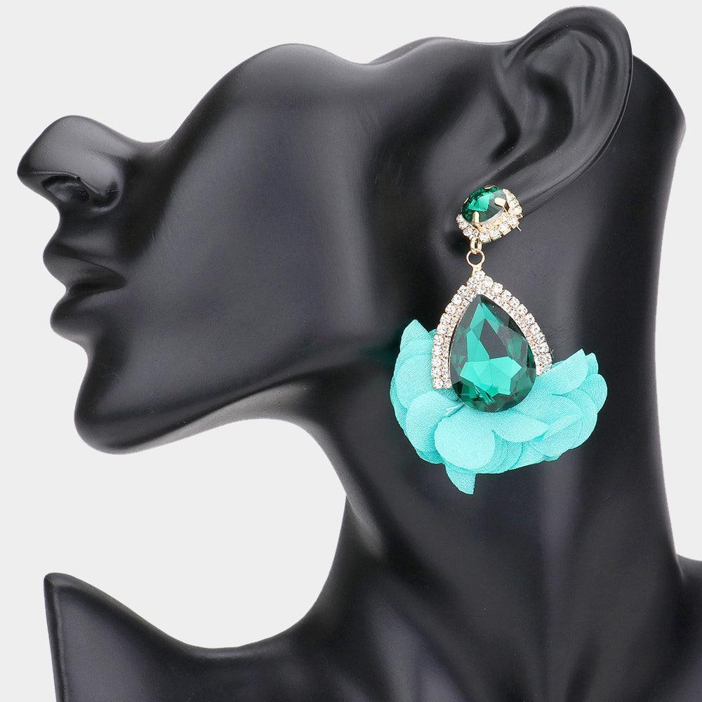 Emerald Teardrop Stone Accented Fabric Petal Cluster Dangle Earrings - Jewelry Store by Erik Rayo