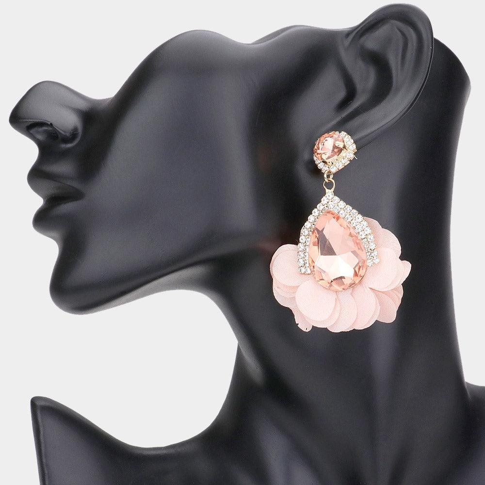 Peach Teardrop Stone Accented Fabric Petal Cluster Dangle Earrings - Jewelry Store by Erik Rayo