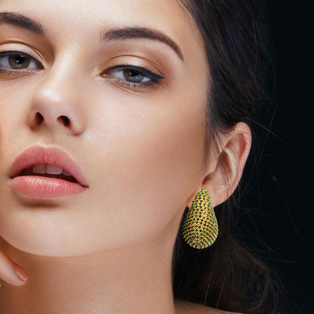 Gold Stone Paved Curved Teardrop Earrings