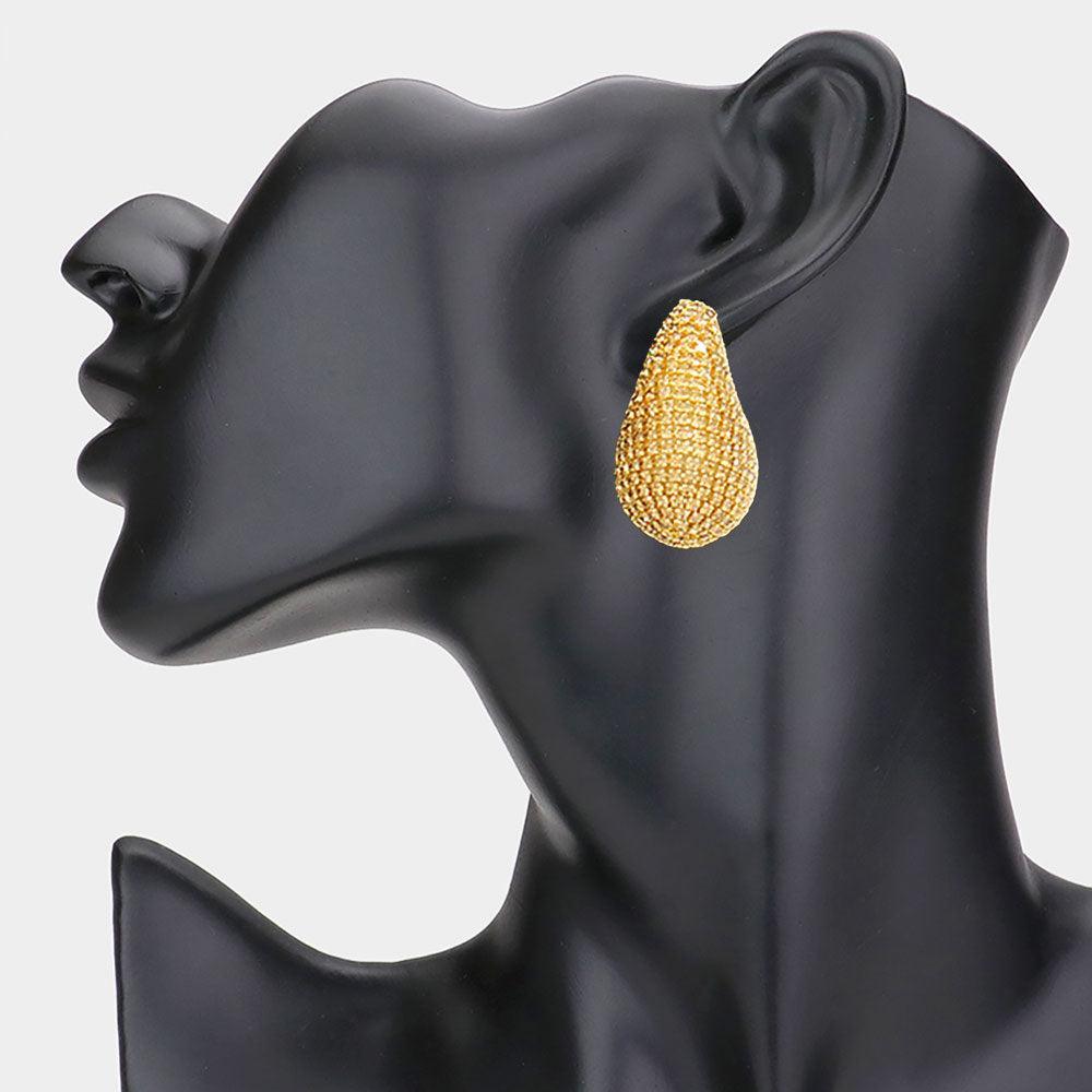 Gold Stone Paved Curved Teardrop Earrings
