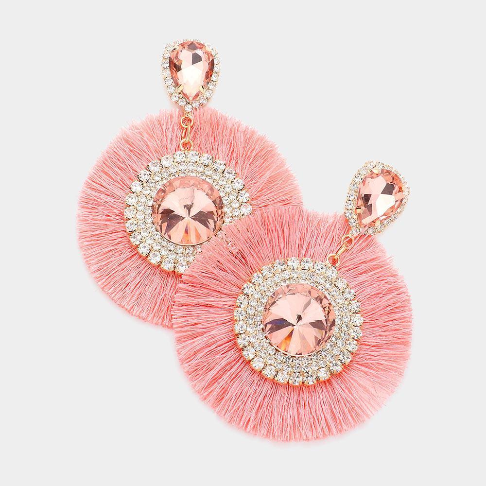 Peach Teardrop Round Stone Accented Tassel Fringe Dangle Earrings