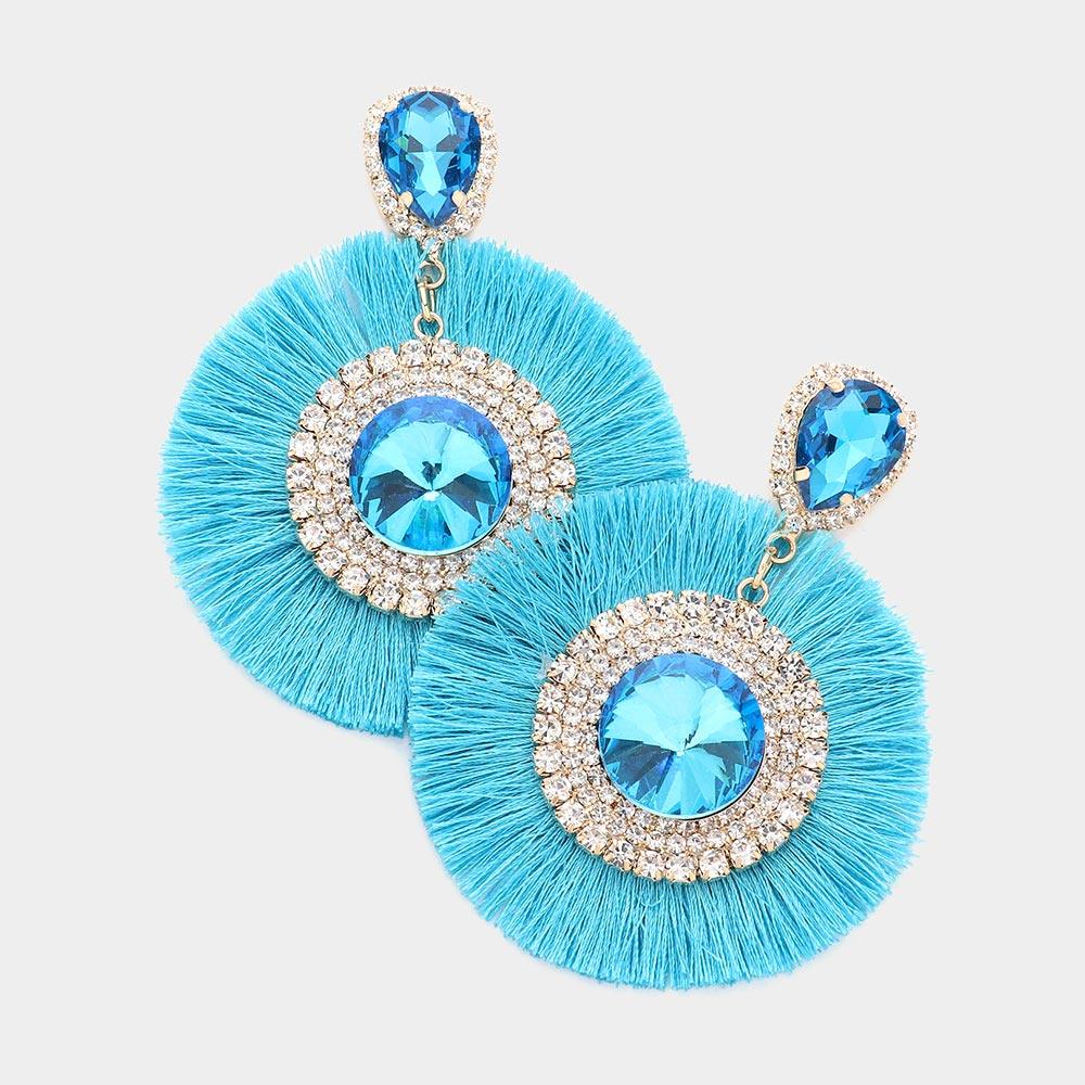 Turquoise Teardrop Round Stone Accented Tassel Fringe Dangle Earrings