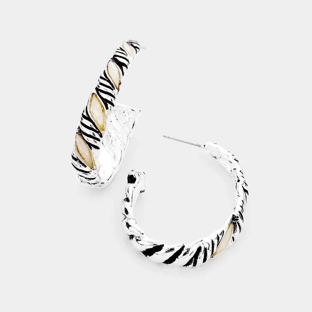 Silver Mother of Pearl Detailed Open Hoop Earrings - Jewelry Store by Erik Rayo