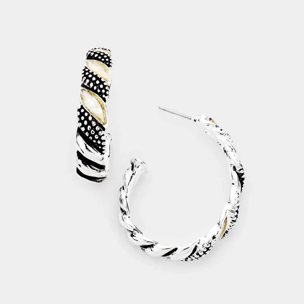 Silver Mother of Pearl Detailed Teardrop hoop Earrings - Jewelry Store by Erik Rayo