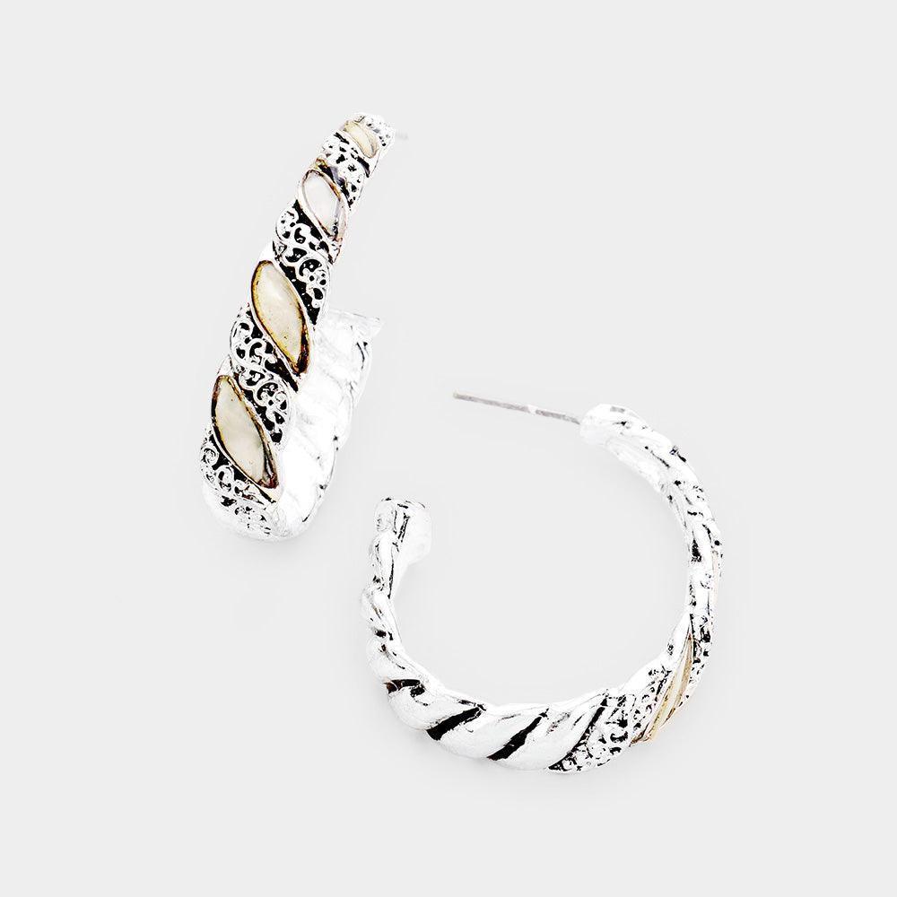 Silver Mother of Pearl Detailed Open Hoop Earrings - Jewelry Store by Erik Rayo