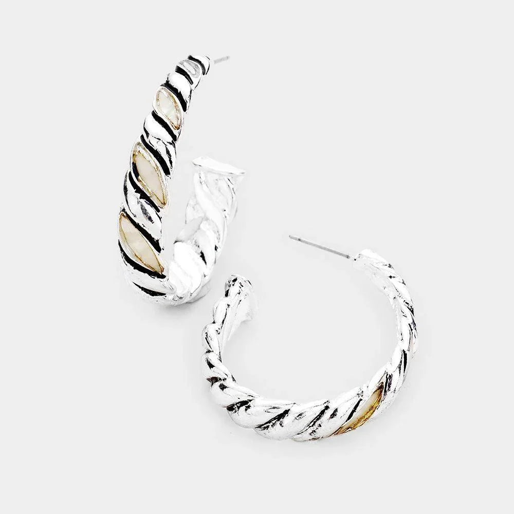 Silver Mother of Pearl Detailed Open Hoop Earrings - Jewelry Store by Erik Rayo