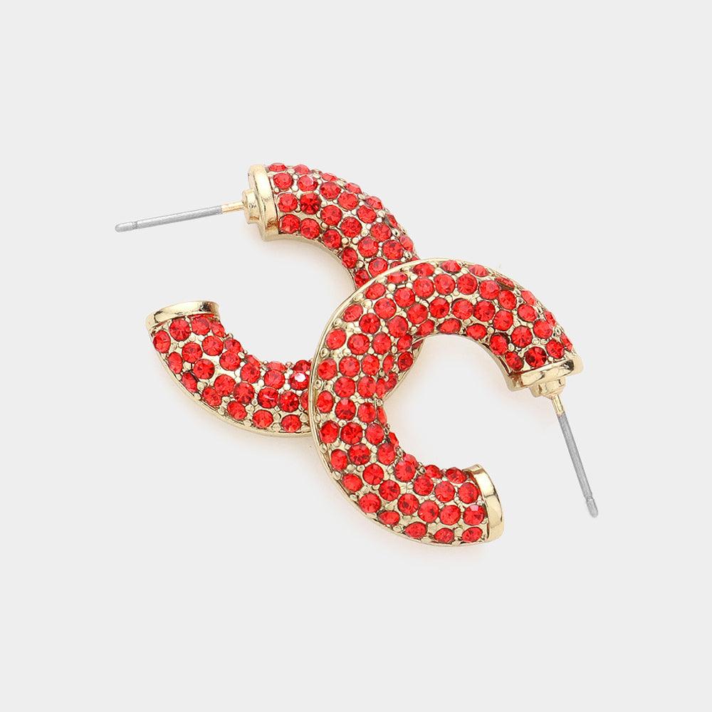 Red Stone Embellished Hoop Earrings