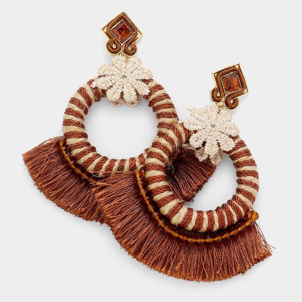 Brown Crystal Flower Cut Out Round Fan Tassel Earrings - Jewelry Store by Erik Rayo