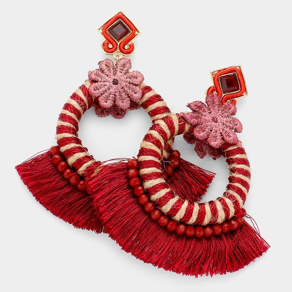 Burgundy Crystal Flower Cut Out Round Fan Tassel Earrings - Jewelry Store by Erik Rayo