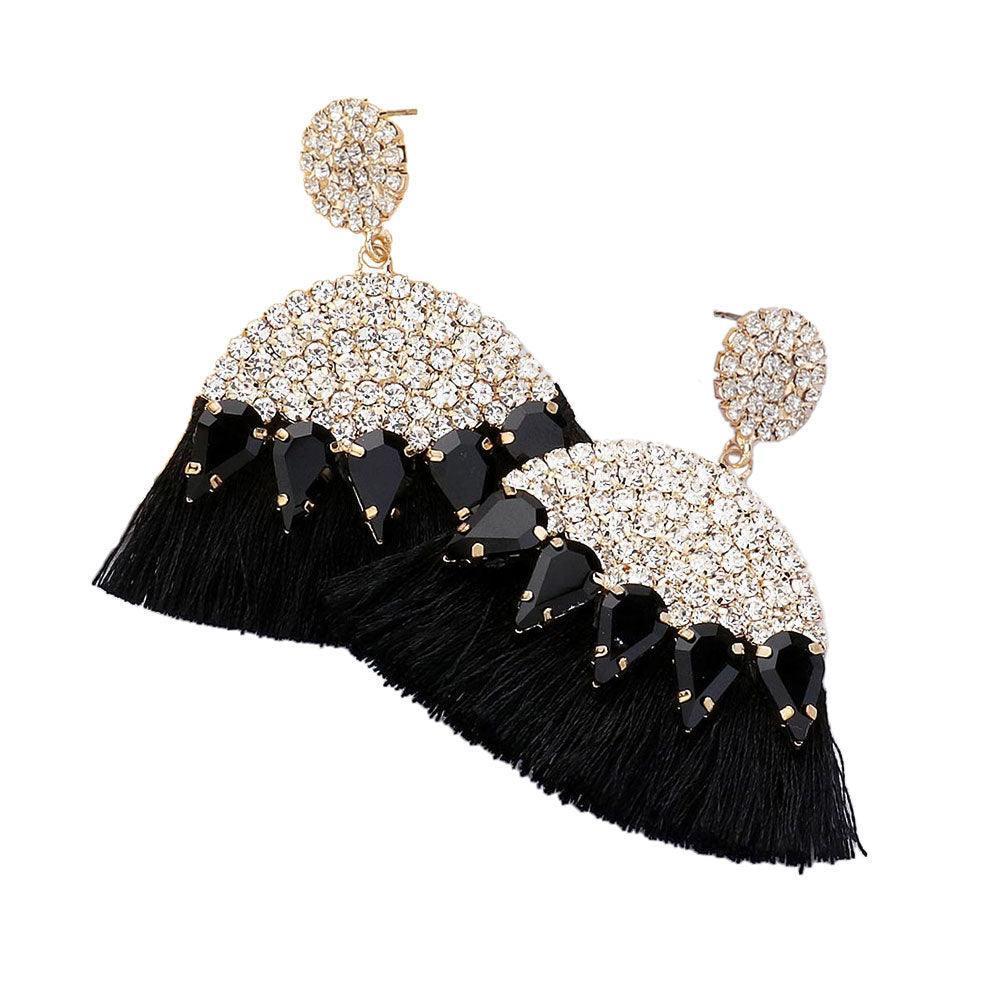 Black Marquise Stone Cluster Pointed Rhinestone Paved Tassel Dangle Earrings - Jewelry Store by Erik Rayo