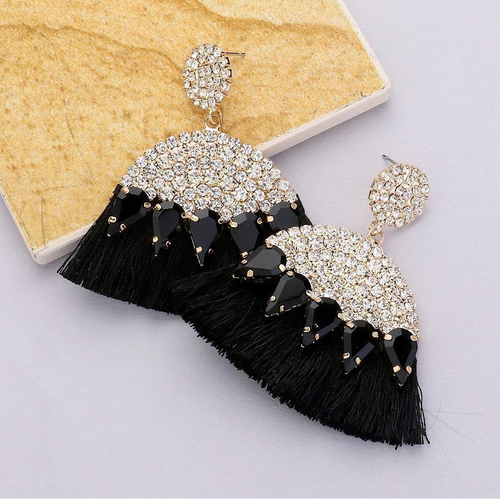 Black Marquise Stone Cluster Pointed Rhinestone Paved Tassel Dangle Earrings - Jewelry Store by Erik Rayo