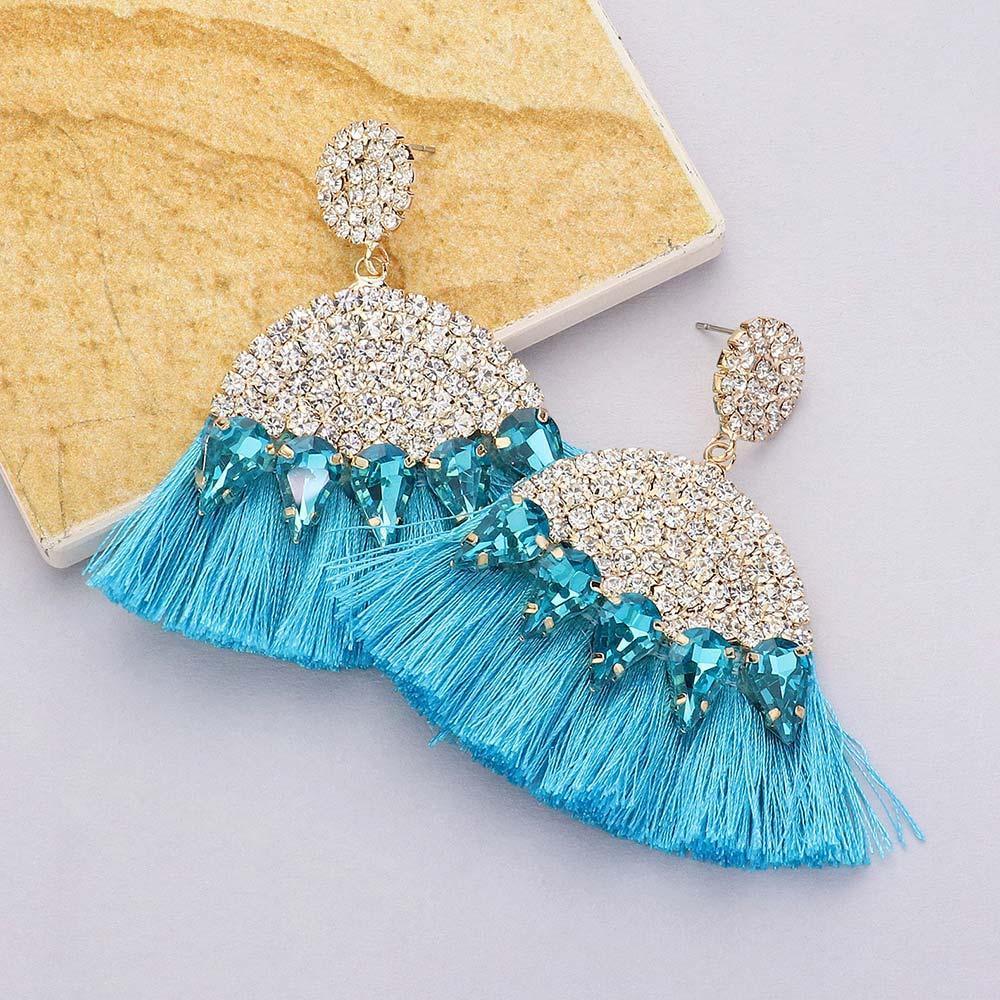 Blue Marquise Stone Cluster Pointed Rhinestone Paved Tassel Dangle Earrings - Jewelry Store by Erik Rayo
