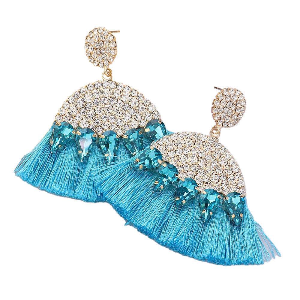 Blue Marquise Stone Cluster Pointed Rhinestone Paved Tassel Dangle Earrings - Jewelry Store by Erik Rayo