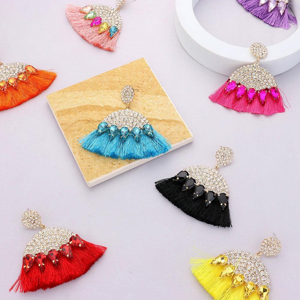 Blue Marquise Stone Cluster Pointed Rhinestone Paved Tassel Dangle Earrings - Jewelry Store by Erik Rayo