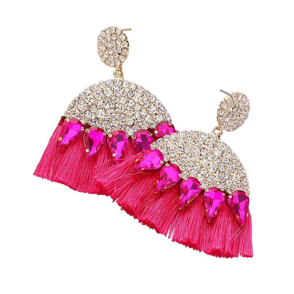 Red Marquise Stone Cluster Pointed Rhinestone Paved Tassel Dangle Earrings - Jewelry Store by Erik Rayo