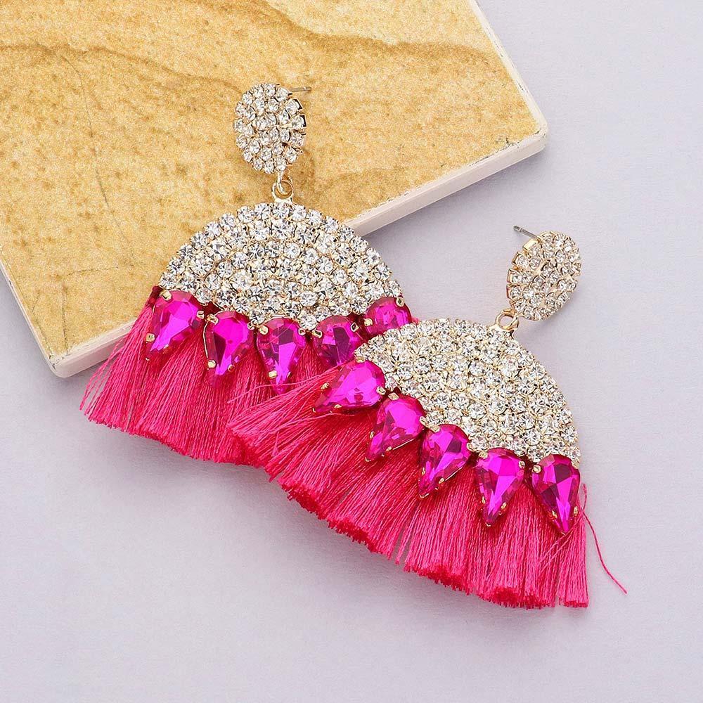 Red Marquise Stone Cluster Pointed Rhinestone Paved Tassel Dangle Earrings - Jewelry Store by Erik Rayo