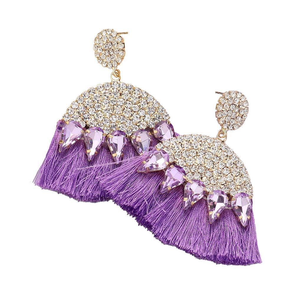 Lavender Marquise Stone Cluster Pointed Rhinestone Paved Tassel Dangle Earrings - Jewelry Store by Erik Rayo