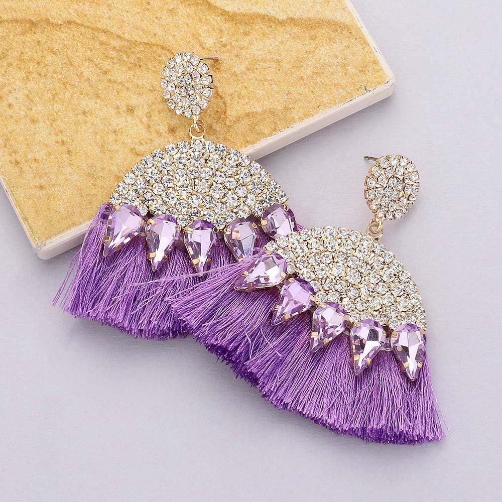 Lavender Marquise Stone Cluster Pointed Rhinestone Paved Tassel Dangle Earrings - Jewelry Store by Erik Rayo