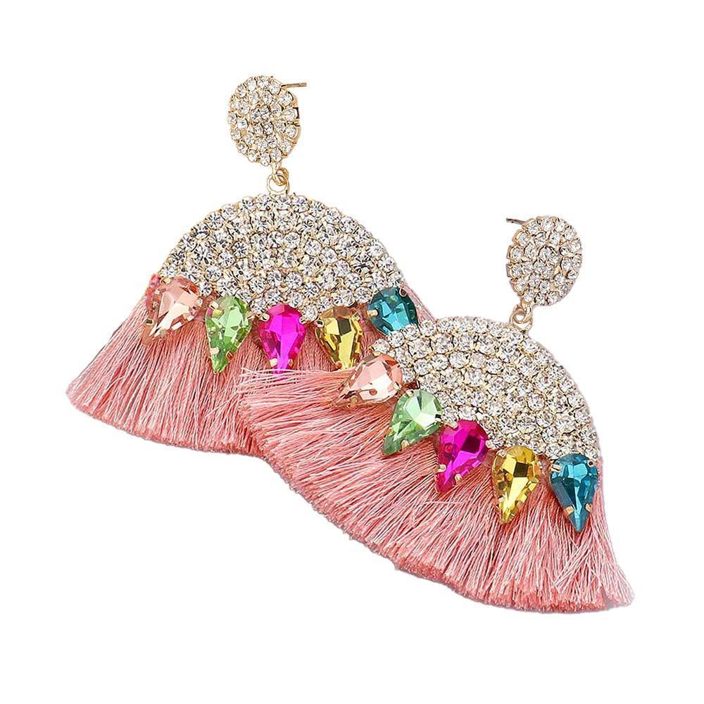 Marquise Stone Cluster Pointed Rhinestone Paved Tassel Dangle Earrings - Jewelry Store by Erik Rayo