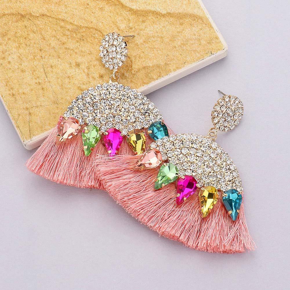 Marquise Stone Cluster Pointed Rhinestone Paved Tassel Dangle Earrings - Jewelry Store by Erik Rayo