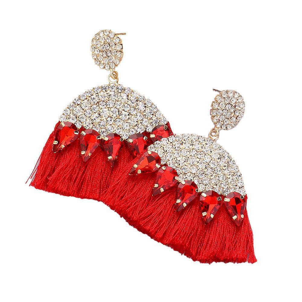 Red Marquise Stone Cluster Pointed Rhinestone Paved Tassel Dangle Earrings - Jewelry Store by Erik Rayo
