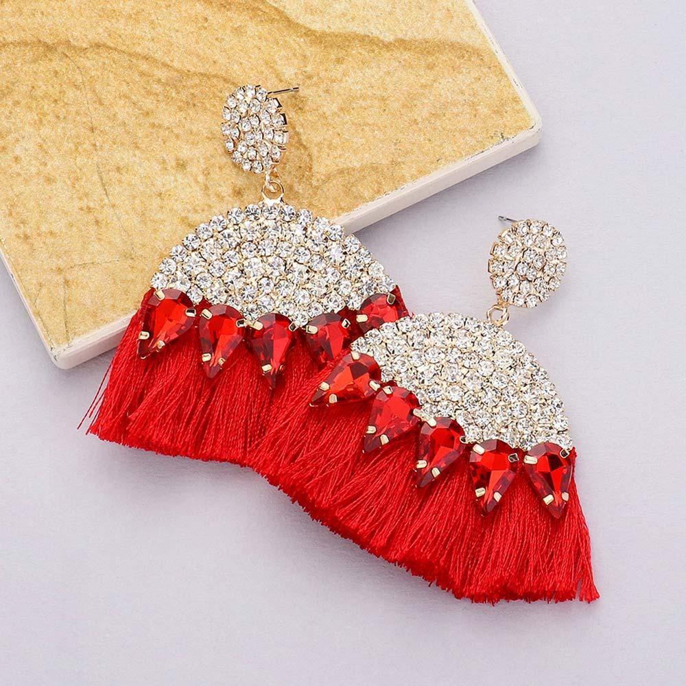 Red Marquise Stone Cluster Pointed Rhinestone Paved Tassel Dangle Earrings - Jewelry Store by Erik Rayo