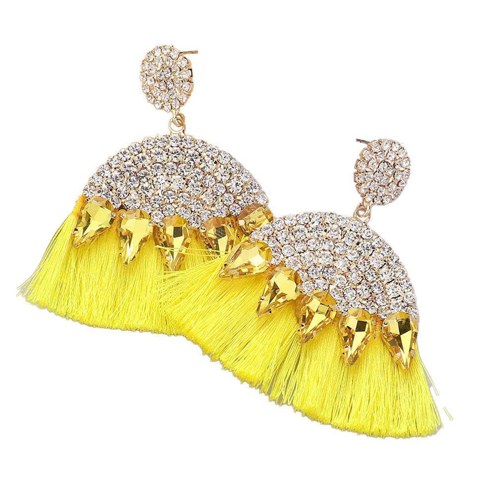 Yellow Marquise Stone Cluster Pointed Rhinestone Paved Tassel Dangle Earrings - Jewelry Store by Erik Rayo