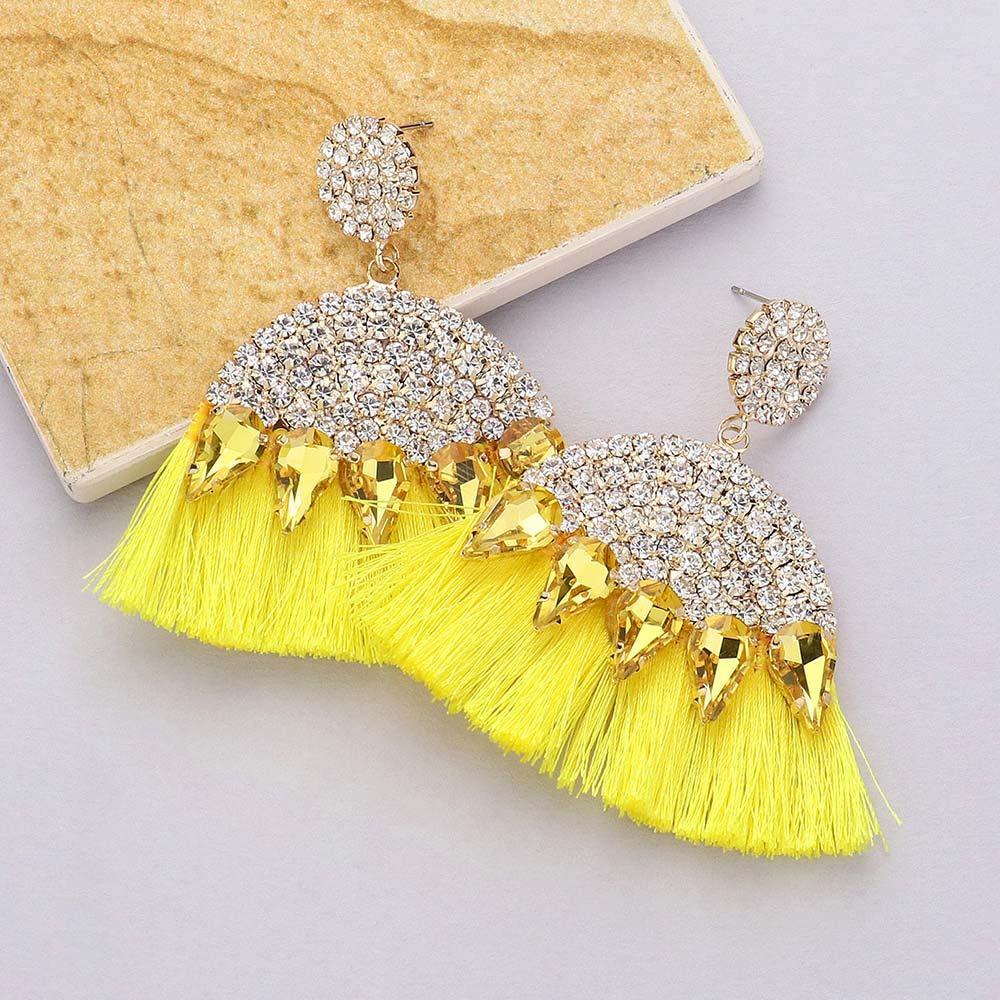 Yellow Marquise Stone Cluster Pointed Rhinestone Paved Tassel Dangle Earrings - Jewelry Store by Erik Rayo