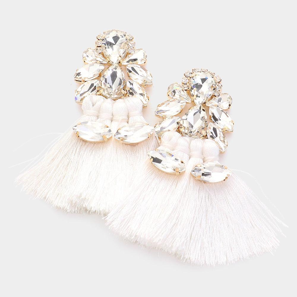 White Teardrop Marquise Stone Cluster Pointed Fringe Earrings