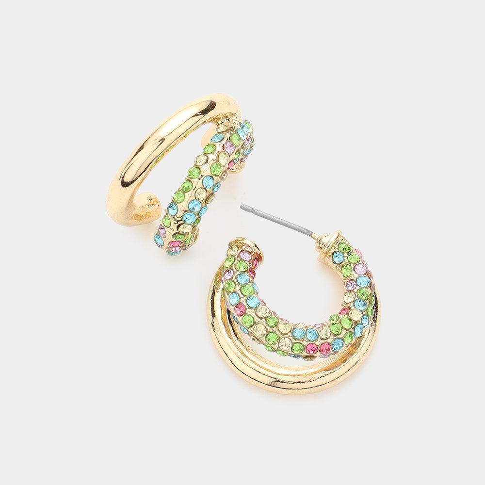 Rhinestone Embellished Split Metal Hoop Earrings - Jewelry Store by Erik Rayo