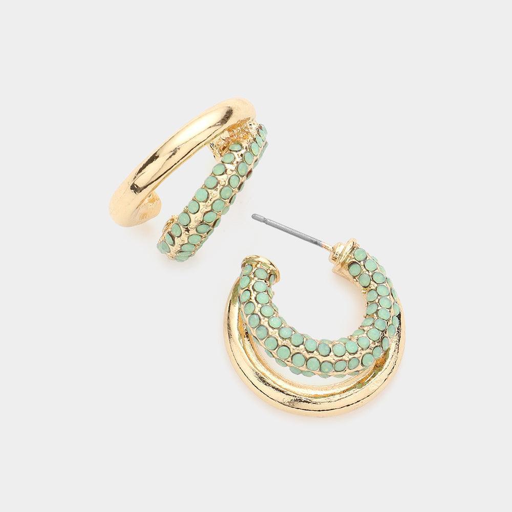 Mint Rhinestone Embellished Split Metal Hoop Earrings - Jewelry Store by Erik Rayo