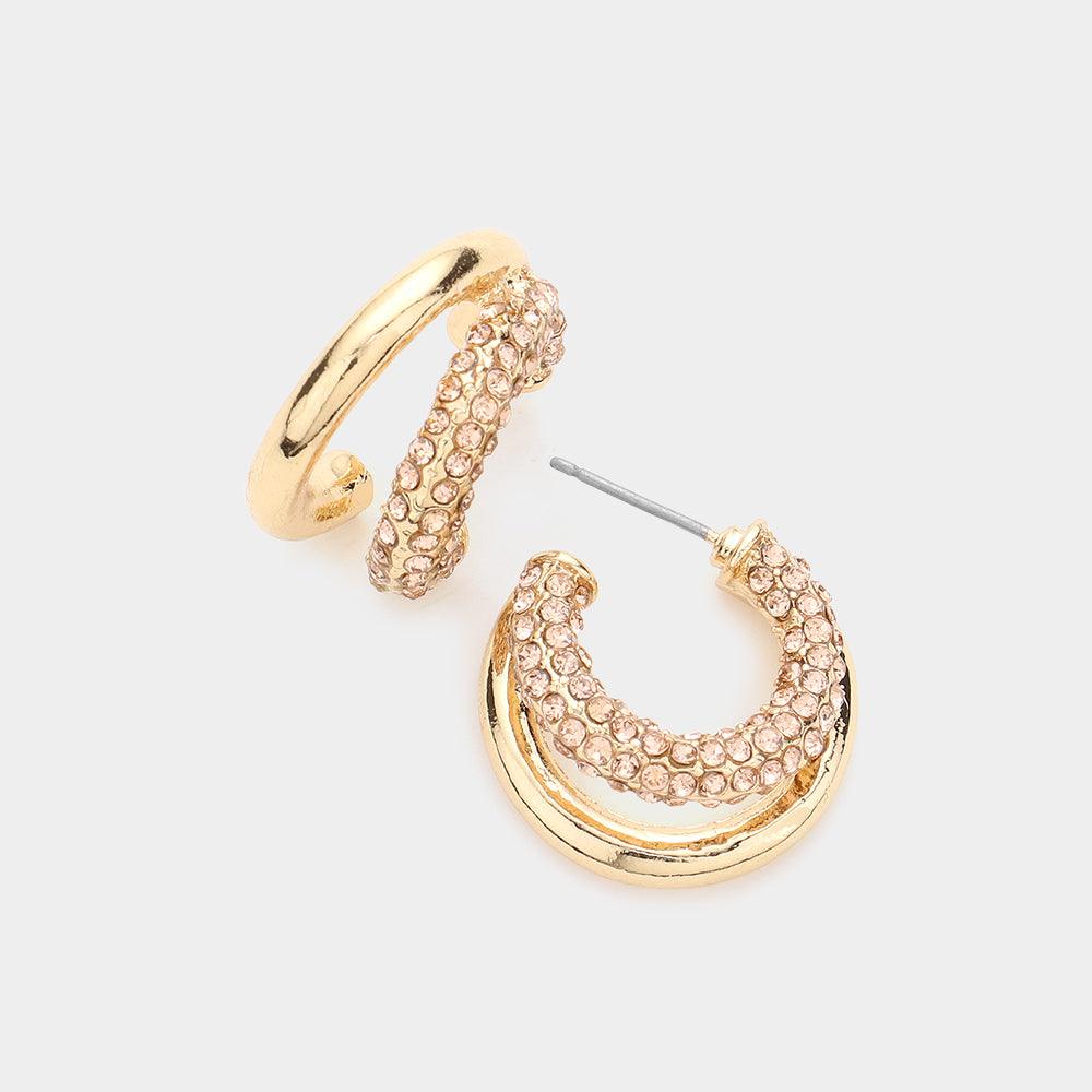 Peach Rhinestone Embellished Split Metal Hoop Earrings