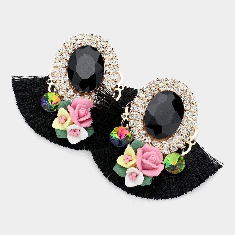 Black Round Glass Stone Flower Pointed Bohemian Thread Fringe Earrings - Jewelry Store by Erik Rayo