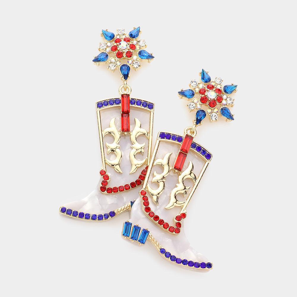 American USA Flag Western Boots Dangle Earrings - Jewelry Store by Erik Rayo