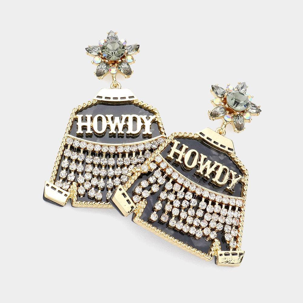 Black HOWDY Message Rhinestone Embellished Western Jacket Dangle Earrings - Jewelry Store by Erik Rayo